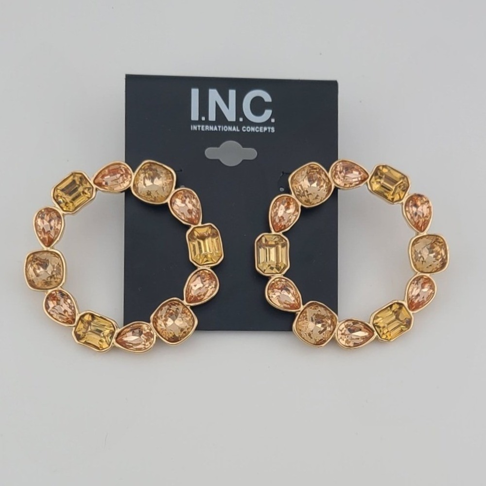 INC International Concepts Gold Tone Champagne Crystal Statement Hoop Earrings
